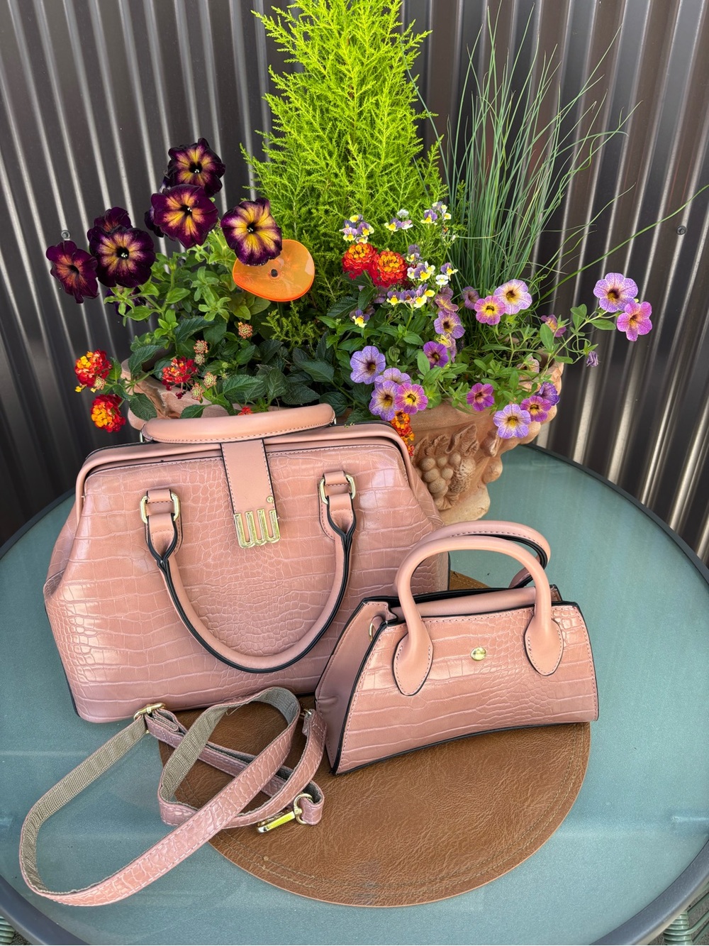 Crocodile Vegan Textured Satchel w/mini bag